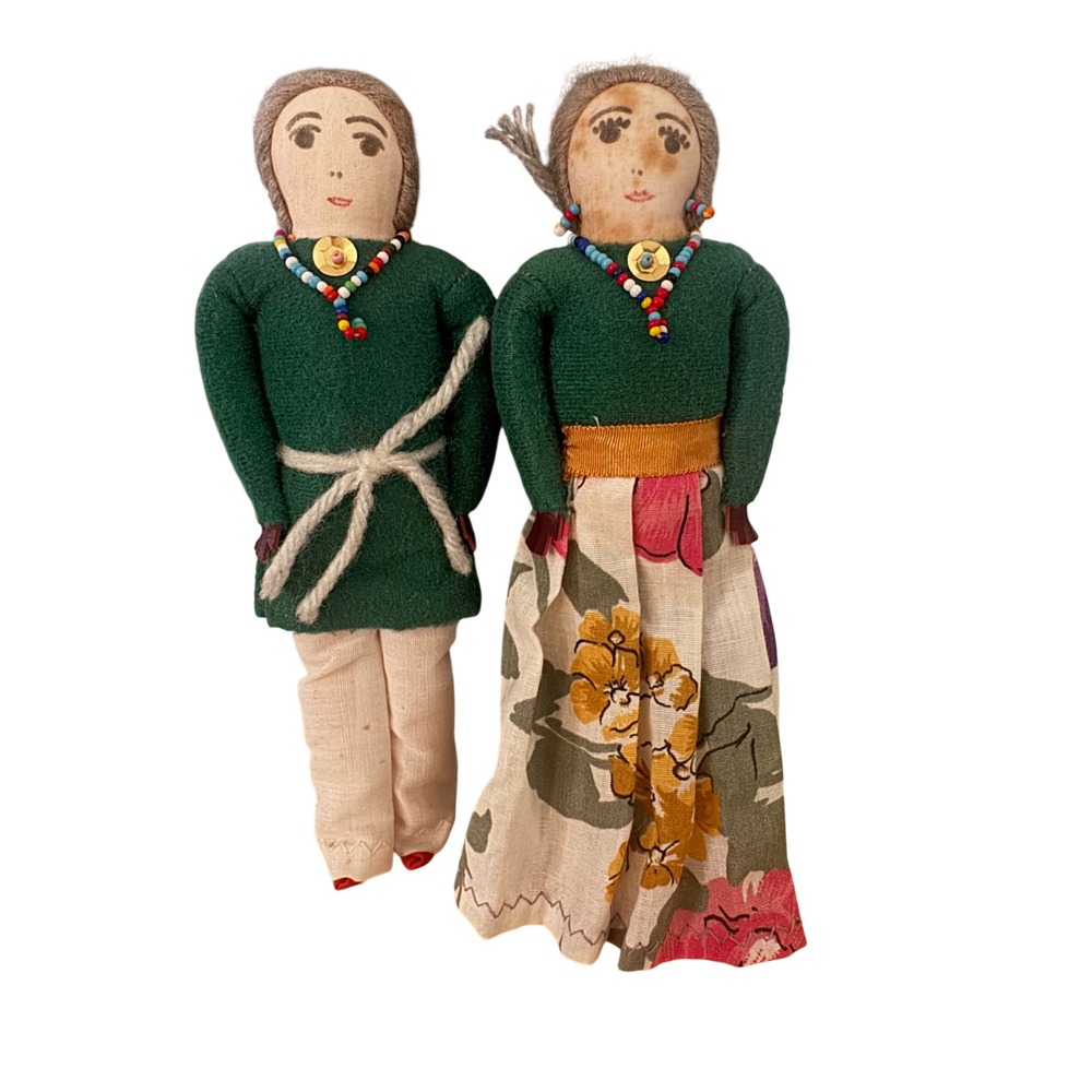 Vintage Handmade Navajo Folk Art Cloth Dolls Pair Beaded Jewelry Cultural 7.5"